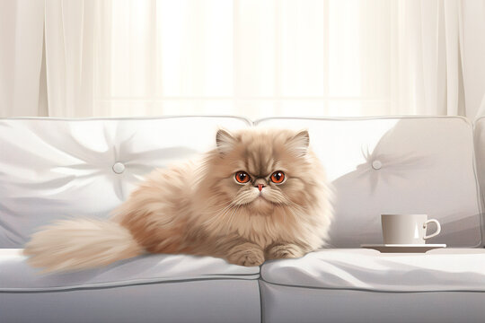 Image of cute persian cat lying on sofa. Pet. animals. Illustration, Generative AI.