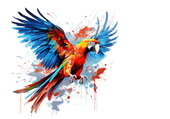 Obraz premium Image of colorful flying macawt painting on white background. Bird. Wildlife Animals. Illustration, Generative AI.