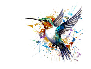Image of painting hummingbird on white background. Bird. Wildlife Animals. Illustration, Generative AI.