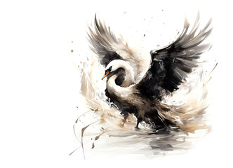Image of drawing of a swan spreading its wings on white background. Bird. Wildlife Animals. Illustration, Generative AI.