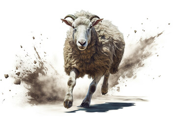 Image of a sheep is running toward you. Farm animals. Illustration, Generative AI.