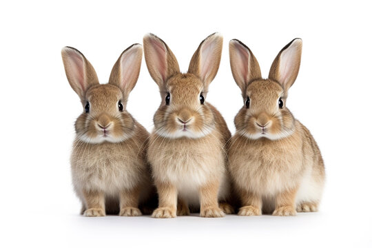 Image of family group of rabbits on white background. Wildlife Animals. Illustration, Generative AI.
