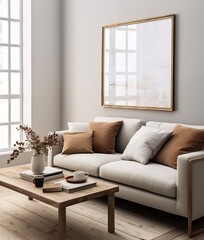 Mockup frame in a living room interior with a grey sofa, table, and decor, 3d render. Made with Generative AI technology