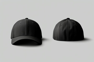 Black baseball caps mockup on a grey background, front and back side