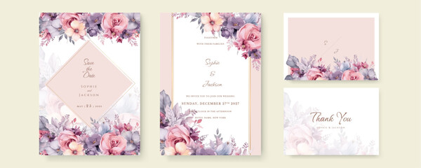 Watercolor wedding invitation template with romantic pink floral and leaves decoration