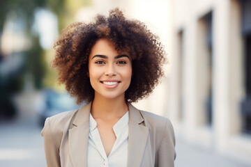 Business, education and people concept - smiling african american businesswoman with afro hairstyle in city