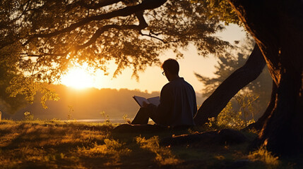 man sitting and reading a book under a tree is a reflective image beautiful evening