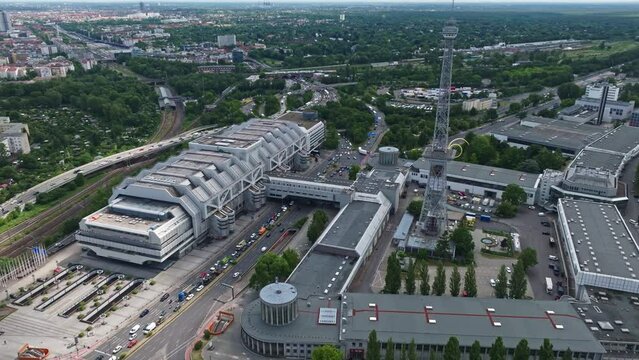 Aerial Drone shot of Messe Berlin , Germany  . Messe Berlin are exhibition grounds in the Charlottenburg-Wilmersdorf precinct of Berlin, Germany, officially known as "Berlin ExpoCenter City" 