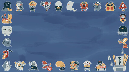 ゆるかわいい日本の妖怪のイラストフレーム背景素材