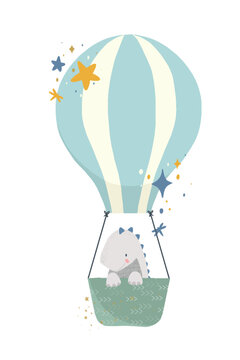Beautiful kids hand drawn stock illustration with very cute little dino flying on air balloon. Clip art.