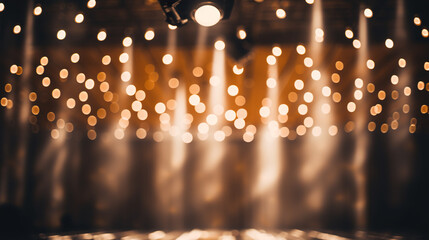 Stage lights and spotlights on stage. Blurred background with bokeh.