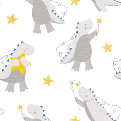 Beautiful vector kids seamless pattern with hand drawn cute dinosaurs and stars. Stock illustration.