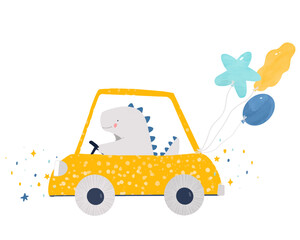 Beautiful vector kids hand drawn stock illustration with very cute little dino driving a yellow car with balloons. Clip art.