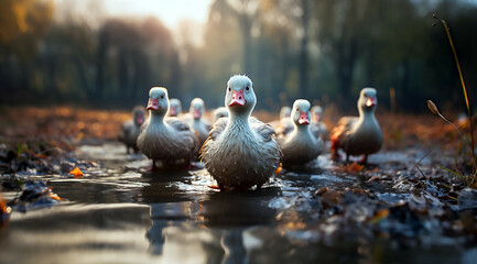 Fototapeta premium A bunch of white geese, generative ai