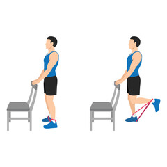 Obraz na płótnie Canvas Man doing standing supported resistance band hamstring curls exercise. Flat vector illustration isolated on white background