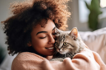 Beautiful young african american woman with fluffy cat at home
