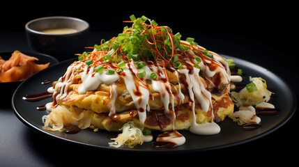 okonomiyaki, the savory pancake filled - obrazy, fototapety, plakaty