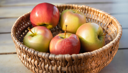 Fresh organic apples in wicker basket on table, Ai Generate 