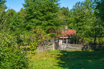 Fototapeta na wymiar Idyllic old cottage with a wooden fence