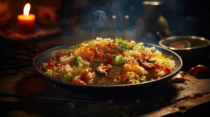 Fried rice with chopped vegetables and meat on a plate with a blurry background