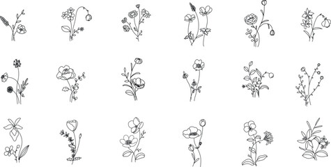 Fototapeta na wymiar minimal line flower and botanical graphic sketch drawing, trendy tiny tattoo design, floral elements vector illustration