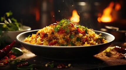 Fried rice with chopped vegetables and meat on a plate with a blurry background