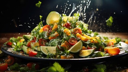 salad full of vegetables, fruit and pieces of boiled egg on a blur background