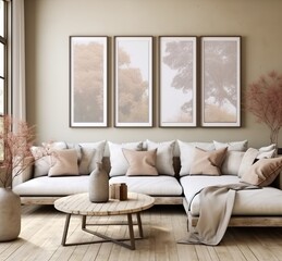 Mockup frame in interior background, room in light pastel colors, 3d render. Made with Generative AI technology