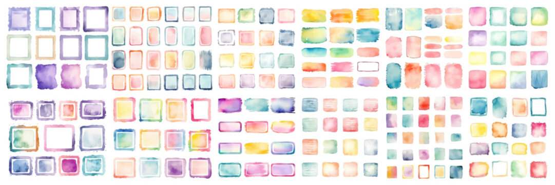 Watercolor Bundle of Hand-Painted Round Shapes, Set of colorful square shapes, stains frames isolated on white