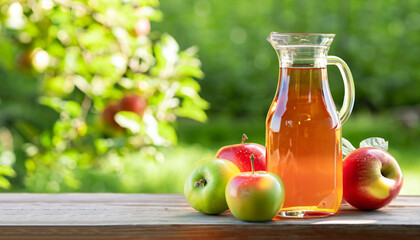 cider or juice in glass decanter with ripe fresh apples on wooden table with green natural background. Copy space. Summer drink