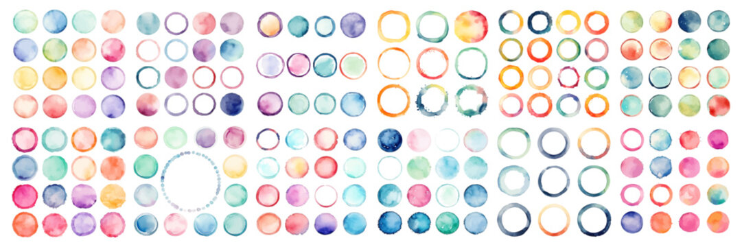 Watercolor Bundle of Hand-Painted Round Shapes, Set of pastel round shapes, stains, circles, and blobs isolated on white