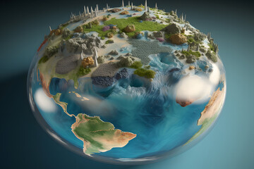 Fototapeta premium A 3D rendering of a miniature Planet Earth with lush green forests, clean rivers, and diverse wildlife. Forest conservation and biodiversity preservation concept. Generative AI