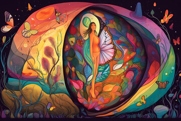 A surreal illustration - the concept of personal growth and transformation, featuring a figure emerging from a cocoon-like structure surrounded by vibrant colors and organic shapes. Generative AI