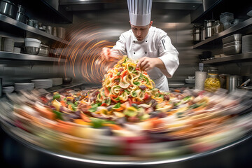 Dynamic motion blur photograph of a chef tossing ingredients in a professional kitchen, showcasing the energy and precision in culinary artistry. Generative AI