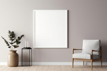 Fototapeta na wymiar Blank picture frame mockup on gray wall, White living room design, View of modern scandinavian style interior with square artwork mock up on wall, Home staging and minimalism concept