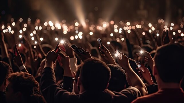 A Crowd Of People At A Live Event, Concert Or Party Holding Hands And Smartphones Up . Large Audience, Crowd, Or Participants Of A Live Event Venue