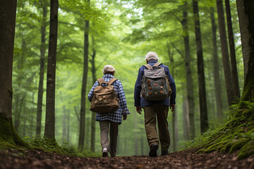 Senior couple with backpack walking and hiking in the woods.