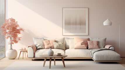 Living room interior, minimalist, nordic Scandinavian vibe. Mock up or template