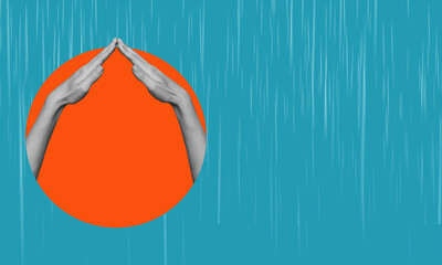 Art collage, hands show roof over head with copy space.