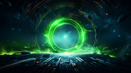 Obraz premium Fractal green portal in the outer space, futuristic, space art, neon lights on a dark background. Generative ai