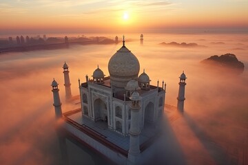 Aerial view of Taj Mahal in the Indian city of Agra, Uttar Pradesh. Morning fog. Sunrise. Generative Ai. - obrazy, fototapety, plakaty