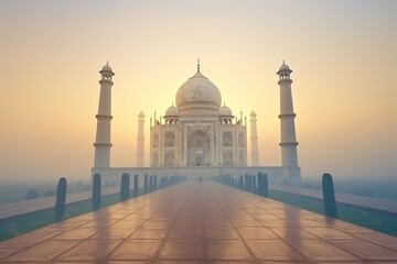 Taj Mahal, Indian. Morning fog. Sunrise. Generative Ai.