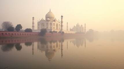 Fototapeta premium Taj Mahal, Indian. Morning fog. Sunrise. Generative Ai.