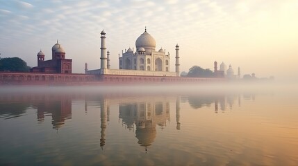 Obraz premium Taj Mahal, Indian. Morning fog. Sunrise. Generative Ai.