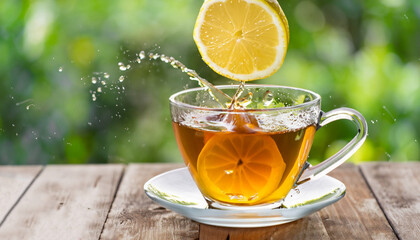 falling slice of lemon in cup with tea create splashes on wooden table with green nature blurred...