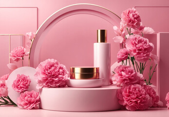 3D realistic beauty products presented on a podium with pink carnations and pink circular geometry on a pink pastel background. Mock ups for branding and packaging presentation