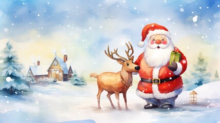 Santa claus with his reindeer on a snow day on christmas day illustration. Generative ai