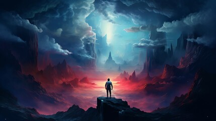 Fototapeta premium Silhouette of a person with a beautiful landscape, standing and watching an epic sky in the afternoon, wallpaper background. Generative ai