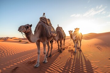 Arabs with Camels Tour in the Sahara Desert with Guided Berber Dubai Tour in Morning. Sunrise. Generative Ai.