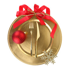 Christmas invitation. Gold cutlery in a plate isolated on transparent, PNG